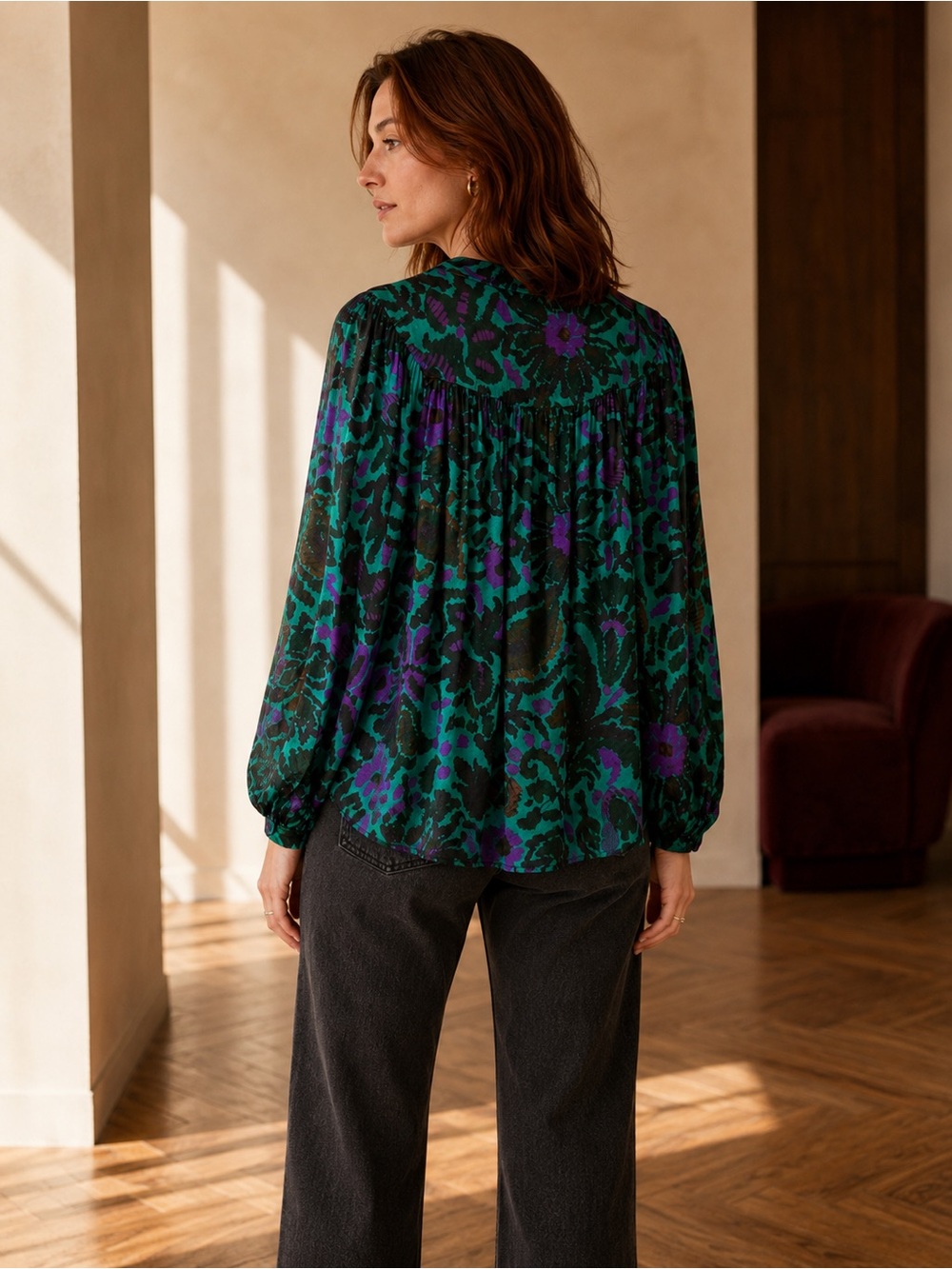 Velvet Graham Spencer Reeve Peasant Blouse Green Floral Small - Picture 4 of 16